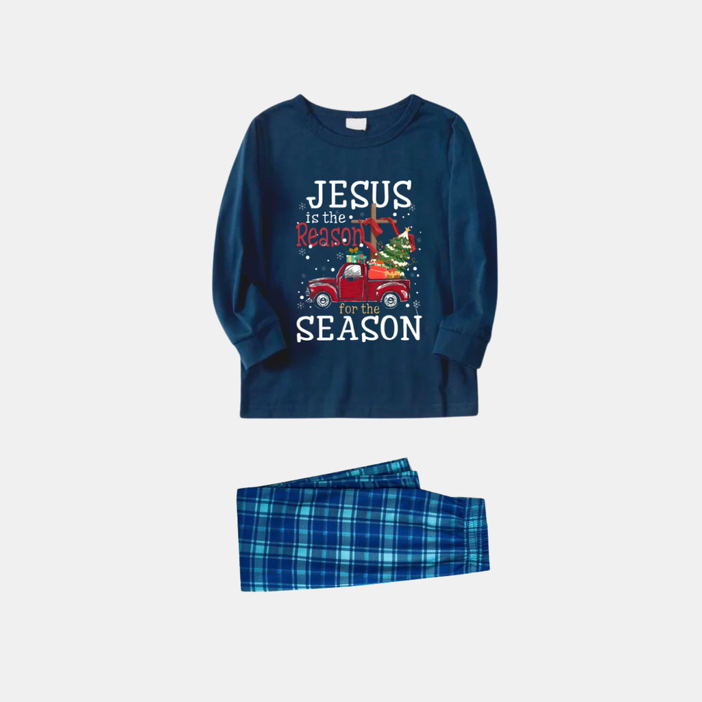 Navy & Sky Blue Plaid Christmas Pajamas Set With "Jesus is the Reason for the Season" Text Print