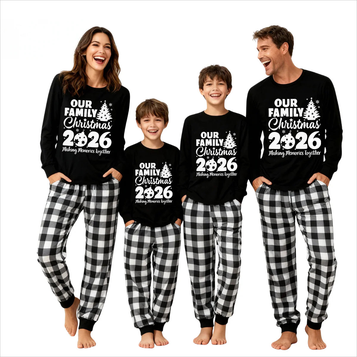 'Our Family Chirstmas 2026 Making Memories Together' Letter Print Black Long Sleeve Top with Black And White Plaid Pants Family Matching Pajamas