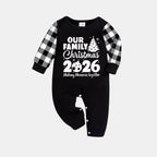 'Our Family Chirstmas 2026 Making Memories Together' Letter Print Black Long Sleeve Top with Black And White Plaid Pants Family Matching Pajamas