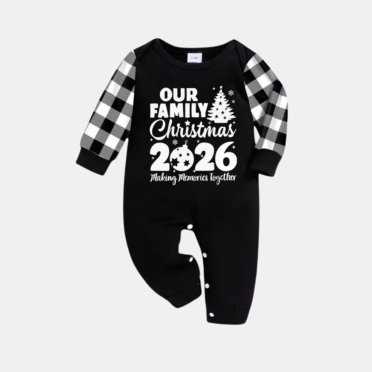 'Our Family Chirstmas 2026 Making Memories Together' Letter Print Black Long Sleeve Top with Black And White Plaid Pants Family Matching Pajamas