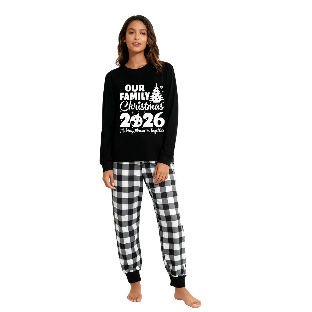 'Our Family Chirstmas 2026 Making Memories Together' Letter Print Black Long Sleeve Top with Black And White Plaid Pants Family Matching Pajamas