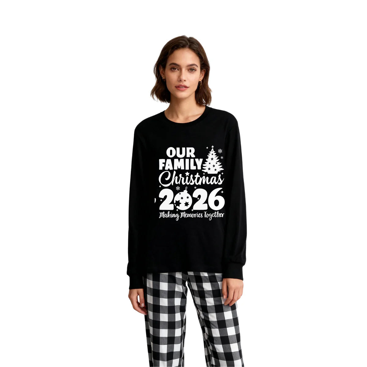 'Our Family Chirstmas 2026 Making Memories Together' Letter Print Black Long Sleeve Top with Black And White Plaid Pants Family Matching Pajamas