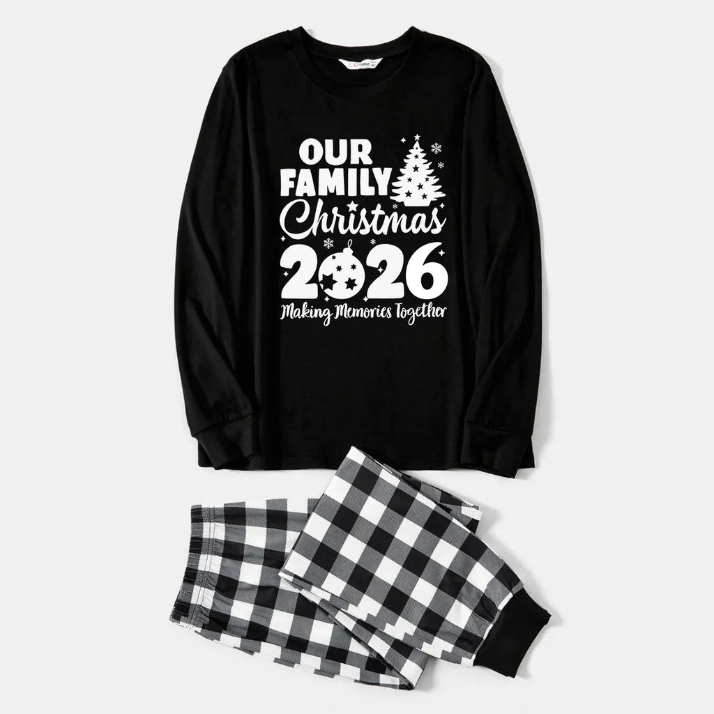 'Our Family Chirstmas 2026 Making Memories Together' Letter Print Black Long Sleeve Top with Black And White Plaid Pants Family Matching Pajamas