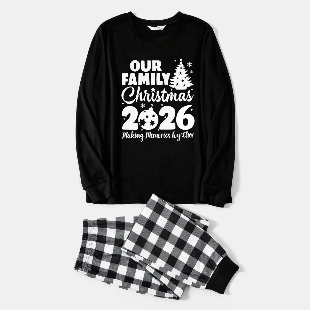 'Our Family Chirstmas 2026 Making Memories Together' Letter Print Black Long Sleeve Top with Black And White Plaid Pants Family Matching Pajamas
