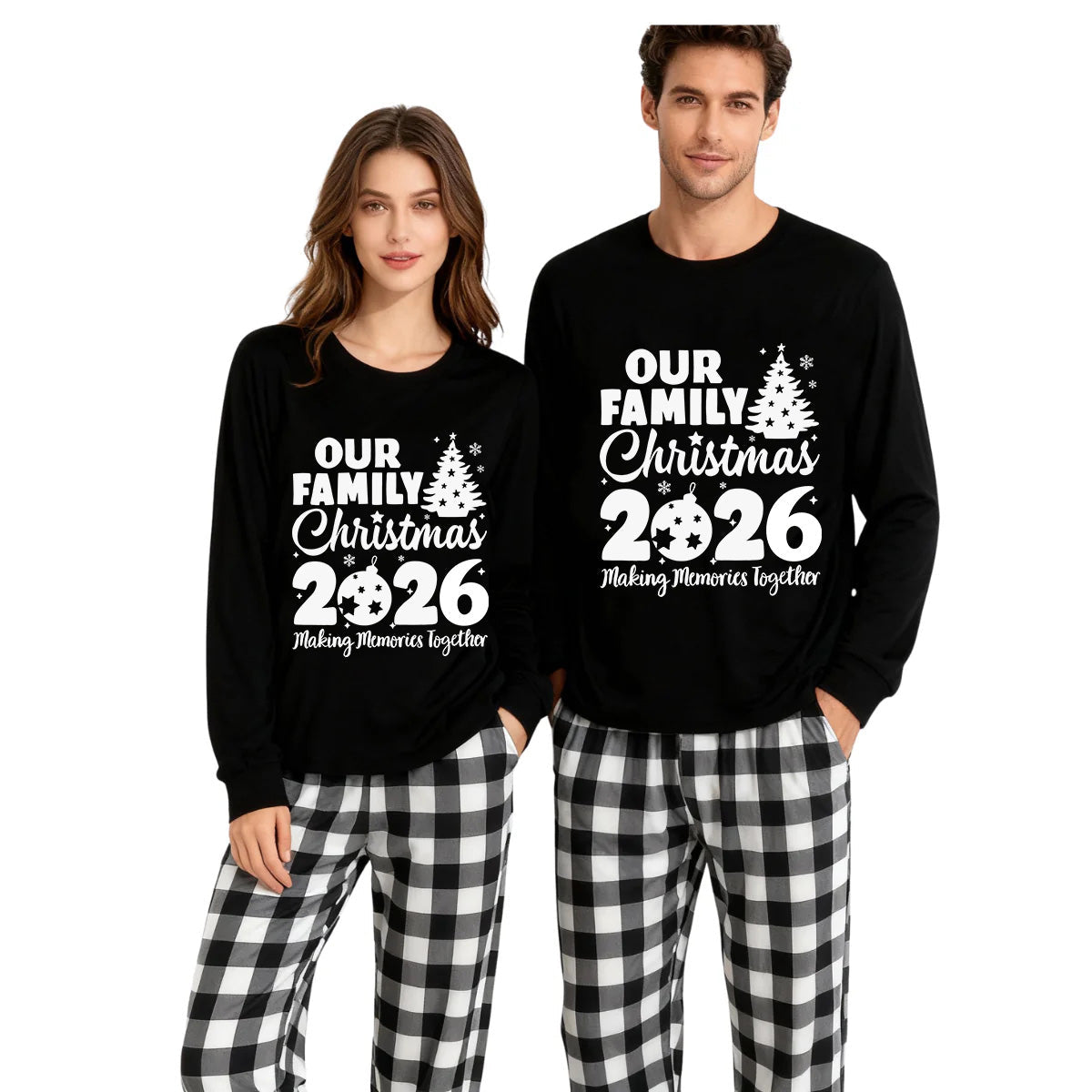'Our Family Chirstmas 2026 Making Memories Together' Letter Print Black Long Sleeve Top with Black And White Plaid Pants Family Matching Pajamas