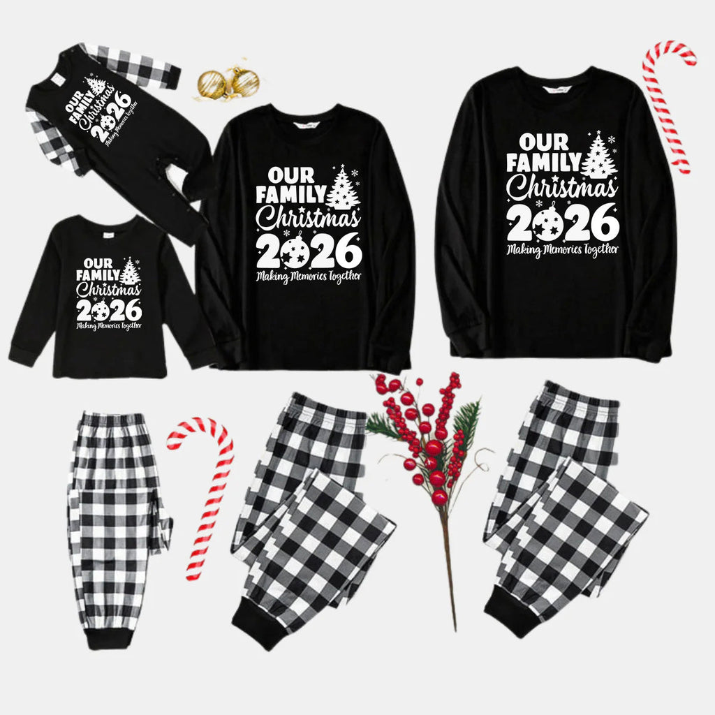'Our Family Chirstmas 2026 Making Memories Together' Letter Print Black Long Sleeve Top with Black And White Plaid Pants Family Matching Pajamas