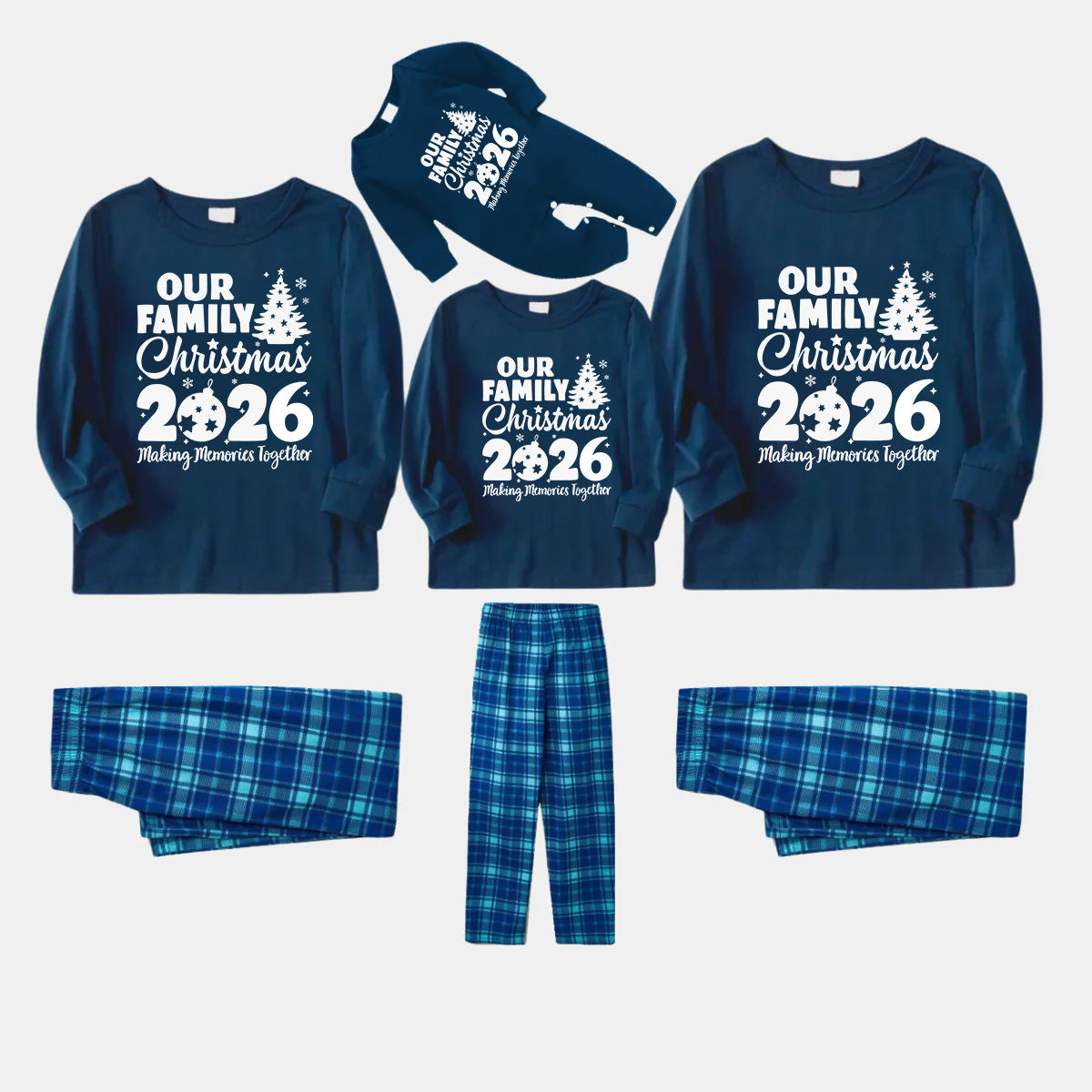 'Our Family Chirstmas 2026 Making Memories Together' Letter Print Blue Long Sleeve Top With Blue Plaid Family Matching Pajamas