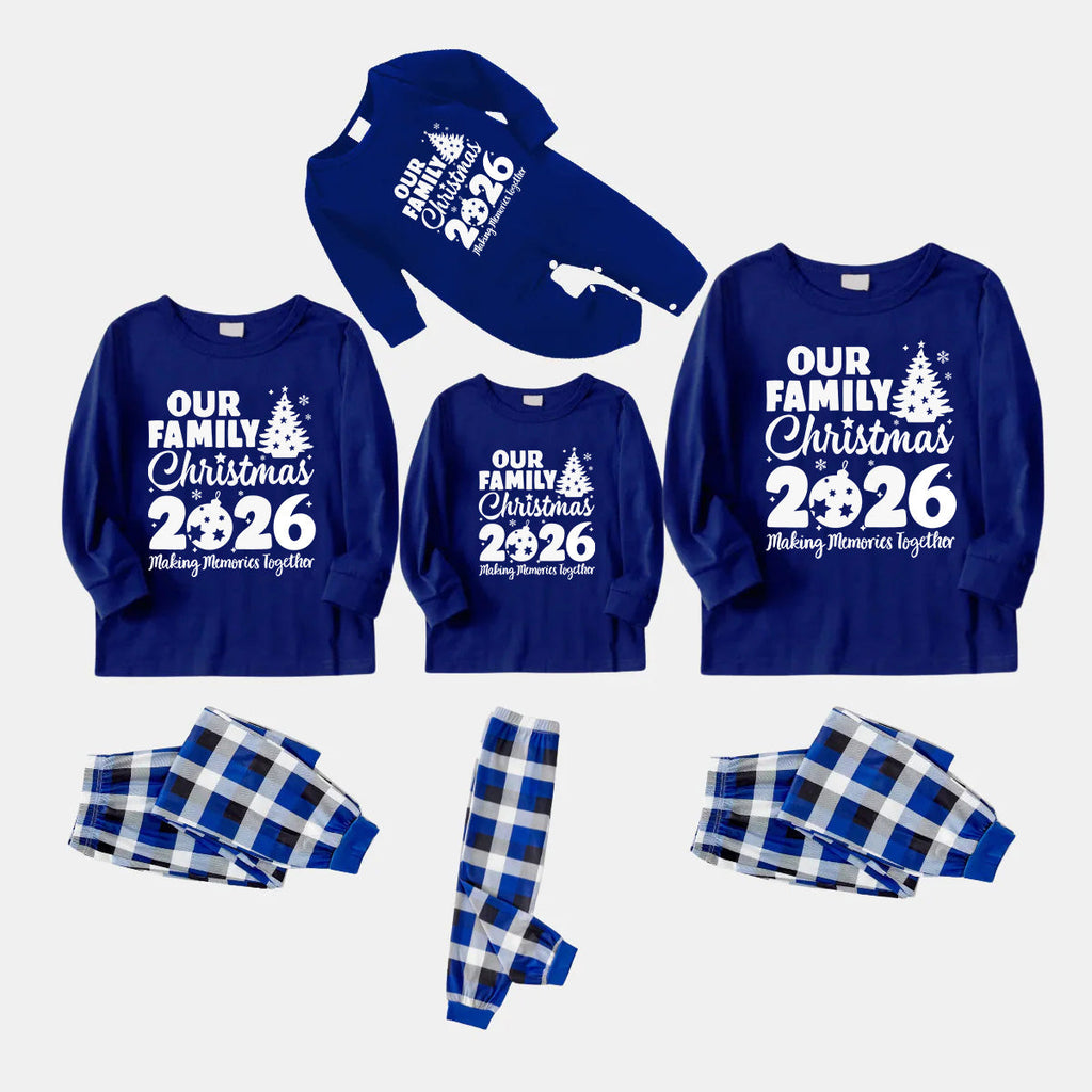 'Our Family Chirstmas 2026 Making Memories Together' Letter Print (White) Blue Plaid Family Matching Pajamas