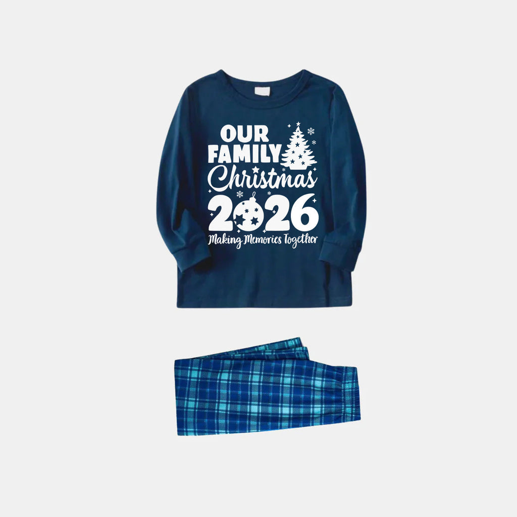 'Our Family Chirstmas 2026 Making Memories Together' Letter Print Blue Long Sleeve Top With Blue Plaid Family Matching Pajamas