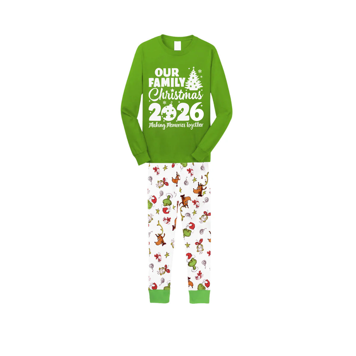 2026 Our Family Christmas Matching Pajamas - Green with Santa & Reindeer Pattern