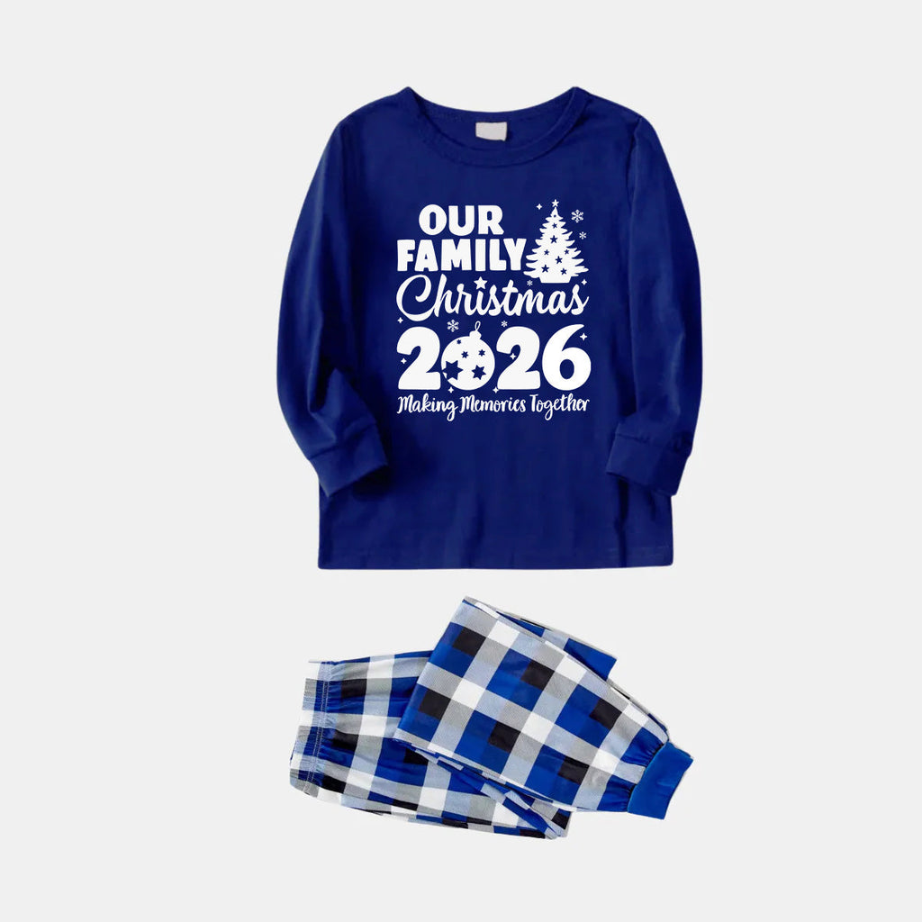 'Our Family Chirstmas 2026 Making Memories Together' Letter Print (White) Blue Plaid Family Matching Pajamas