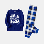 'Our Family Chirstmas 2026 Making Memories Together' Letter Print (White) Blue Plaid Family Matching Pajamas