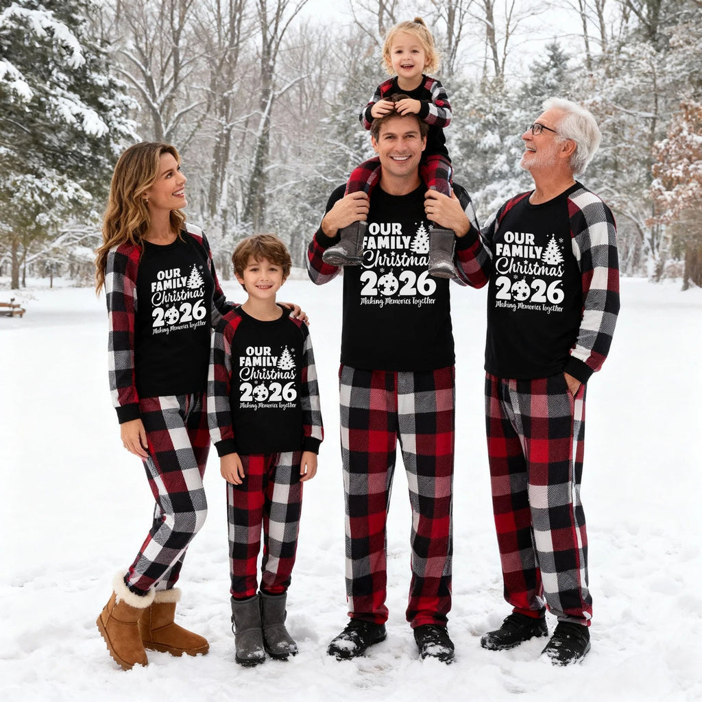 Christmas Cute Cartoon Santa Hat Patterned and '2026 FAMILY Christmas ' Letter Print Contrast Tops and Red & Black & White Plaid Pants Family Matching Pajamas Set With Dog Bandana