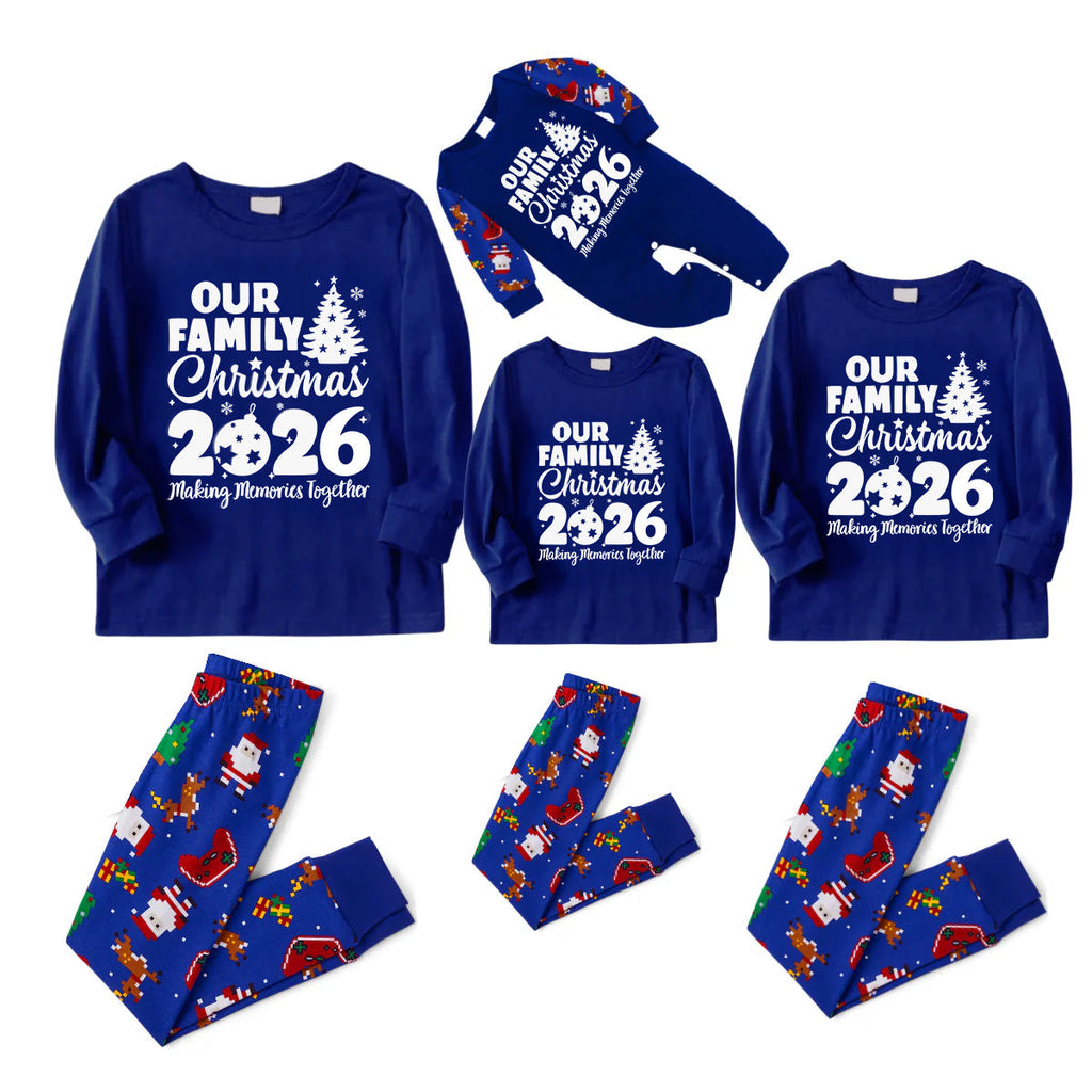 2026 Our Family Christmas Matching Pajamas - Blue with Santa Pattern