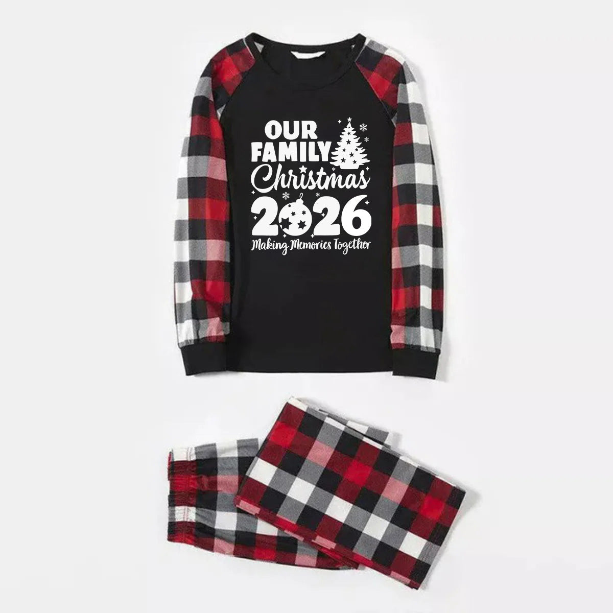 Christmas Tree & "2026 Making Memories Together" Patterned Plaid Sleeve Contrast Tops and Red & Black & White Plaid Pants Family Matching Pajamas Set With Dog Bandana