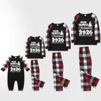 Christmas Tree & "2026 Making Memories Together" Patterned Plaid Sleeve Contrast Tops and Red & Black & White Plaid Pants Family Matching Pajamas Set With Dog Bandana