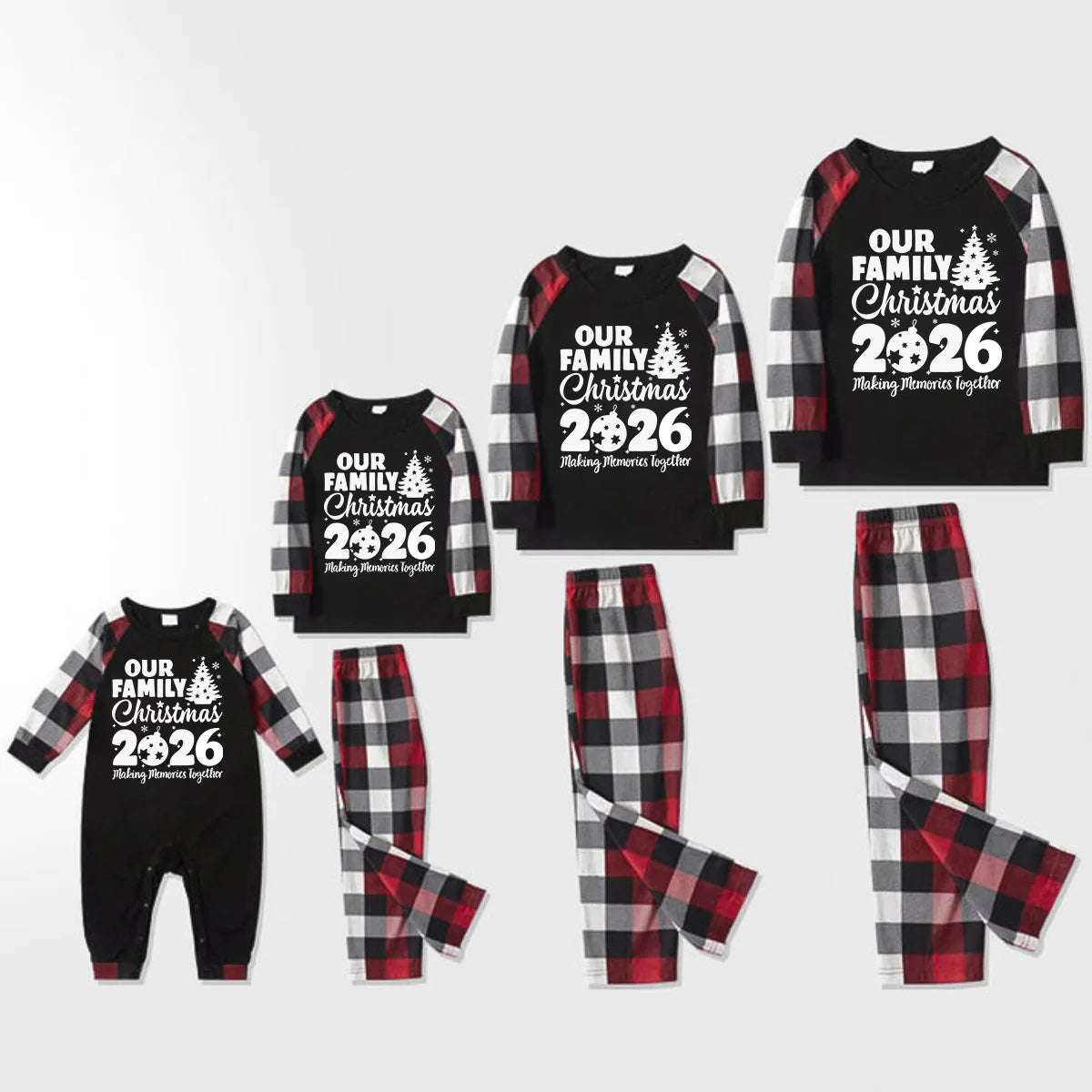 Christmas Tree & "2026 Making Memories Together" Patterned Plaid Sleeve Contrast Tops and Red & Black & White Plaid Pants Family Matching Pajamas Set With Dog Bandana