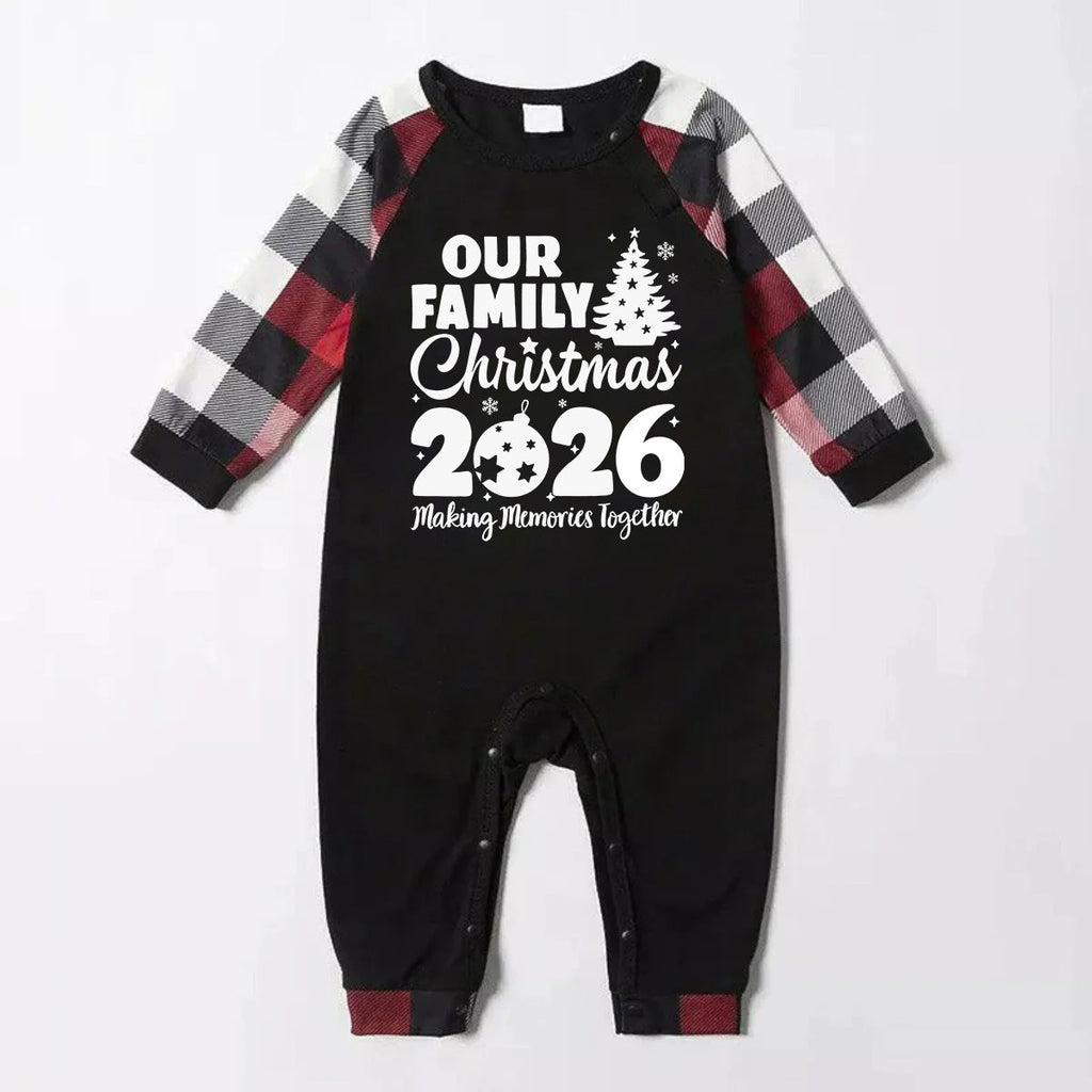Christmas Cute Cartoon Santa Hat Patterned and '2026 FAMILY Christmas ' Letter Print Contrast Tops and Red & Black & White Plaid Pants Family Matching Pajamas Set With Dog Bandana