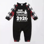 Christmas Cute Cartoon Santa Hat Patterned and '2026 FAMILY Christmas ' Letter Print Contrast Tops and Red & Black & White Plaid Pants Family Matching Pajamas Set With Dog Bandana