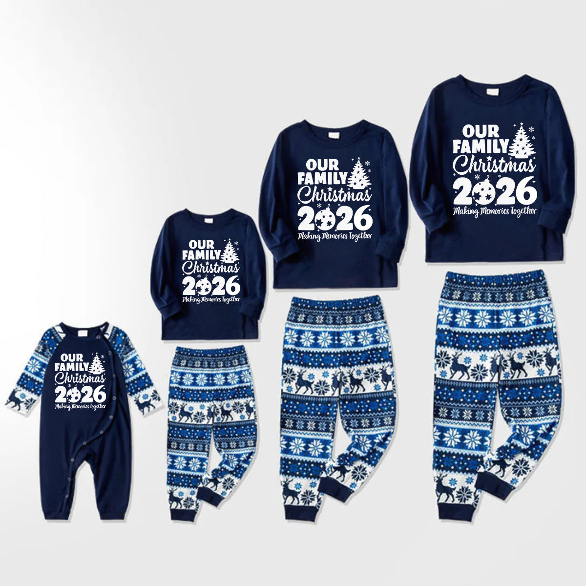 'Our Family Chirstmas 2026 Making Memories Together' Letter Print Blue Long Sleeve With Blue Floral Pants Family Matching Pajamas Sets