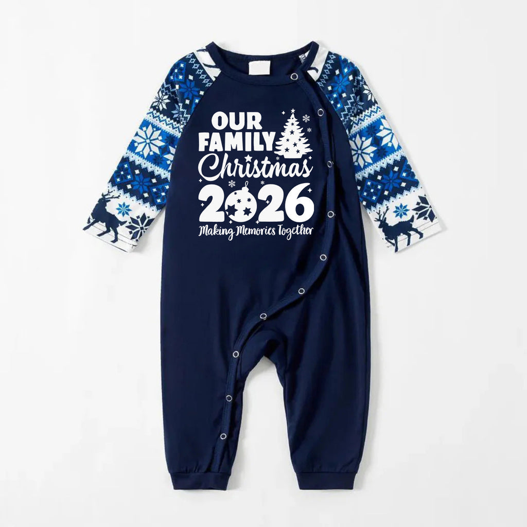 'Our Family Chirstmas 2026 Making Memories Together' Letter Print Blue Long Sleeve With Blue Floral Pants Family Matching Pajamas Sets
