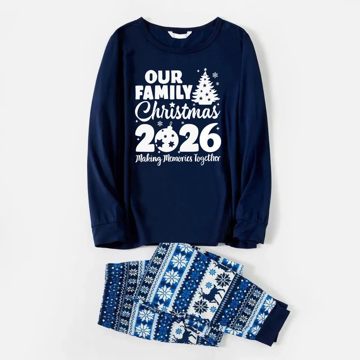 'Our Family Chirstmas 2026 Making Memories Together' Letter Print Blue Long Sleeve With Blue Floral Pants Family Matching Pajamas Sets