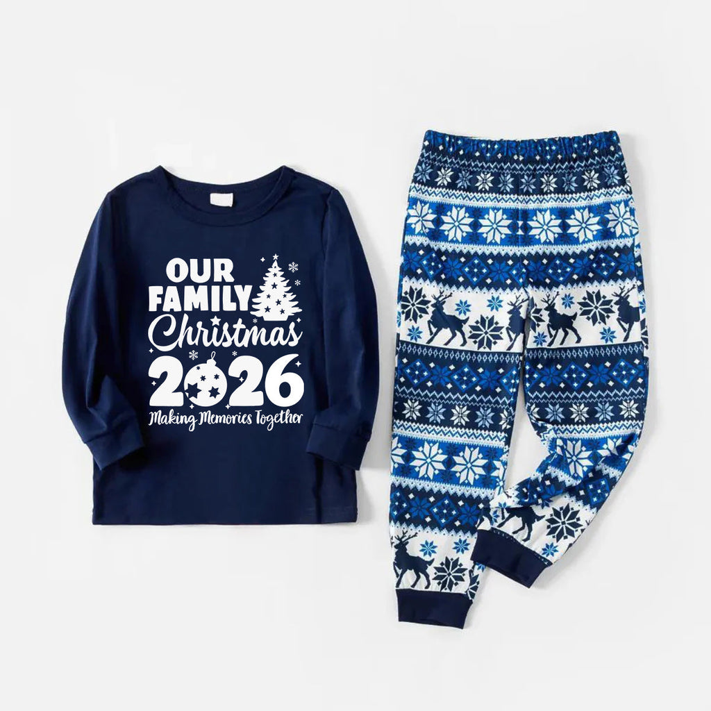 'Our Family Chirstmas 2026 Making Memories Together' Letter Print Blue Long Sleeve With Blue Floral Pants Family Matching Pajamas Sets