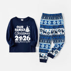 'Our Family Chirstmas 2026 Making Memories Together' Letter Print Blue Long Sleeve With Blue Floral Pants Family Matching Pajamas Sets