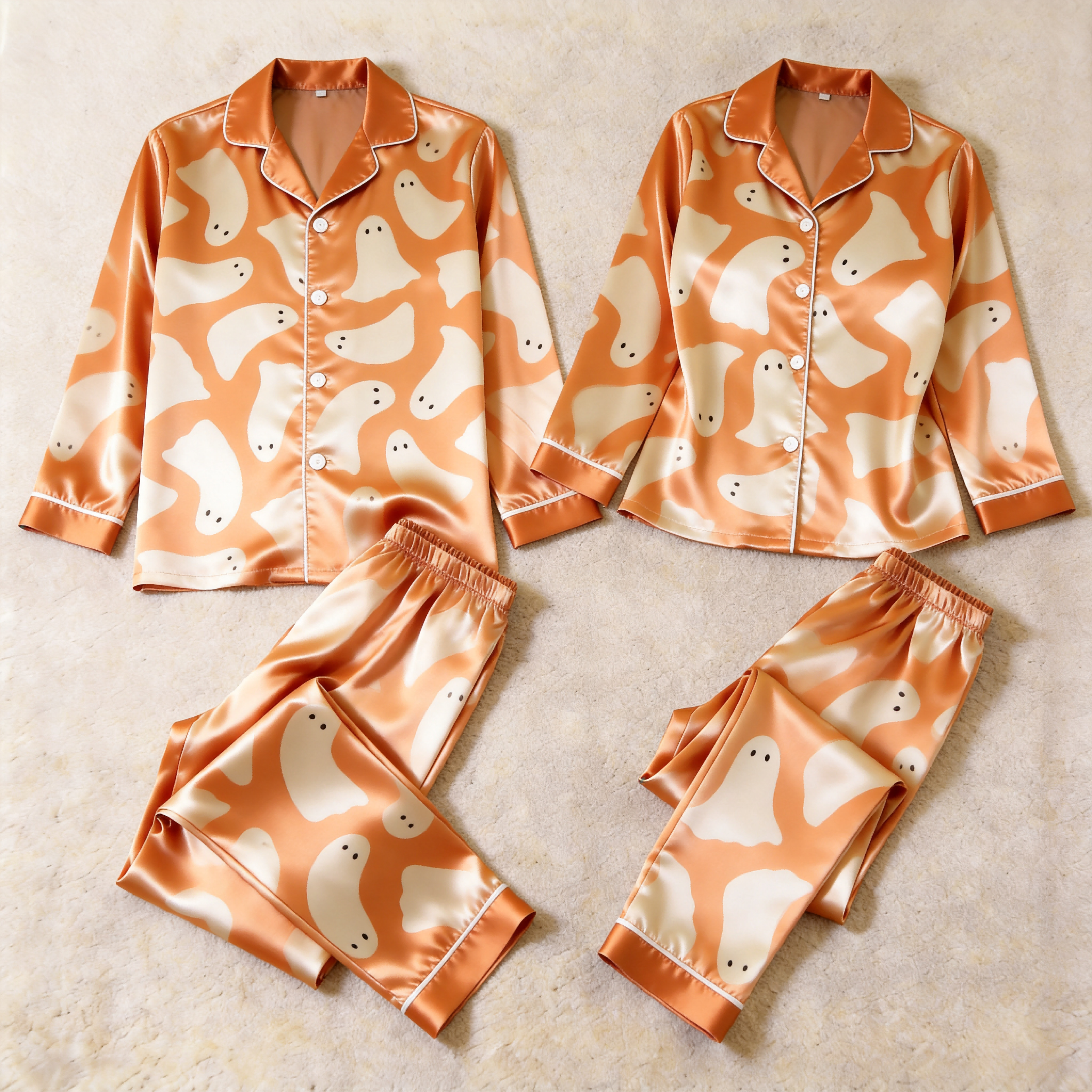 Ghost Print Satin Matching Pajamas for Couples ¨C Long Sleeve Button-Down Top & Pants Sleepwear Set