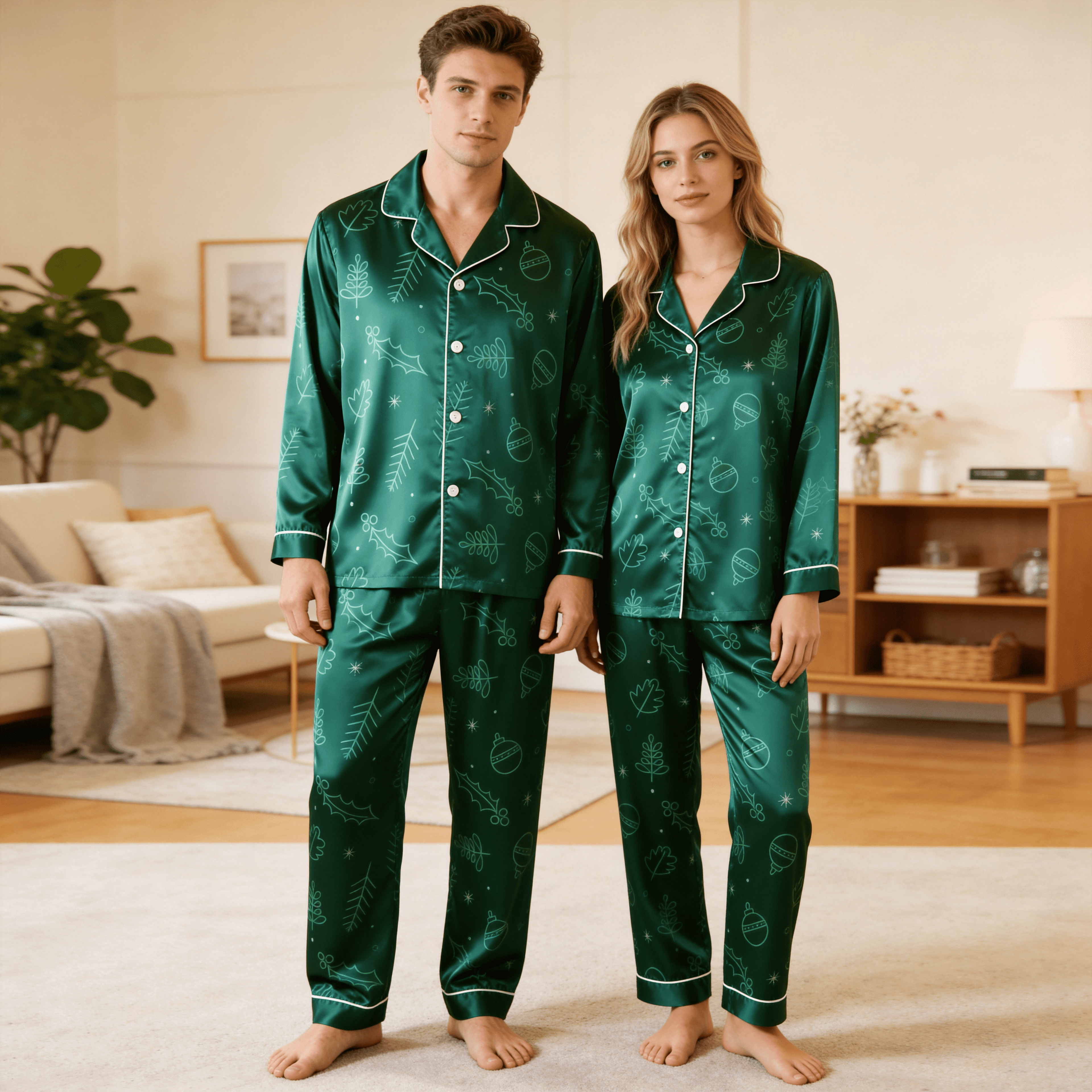 Holiday Elements Satin Matching Pajamas for Couples – Long Sleeve Button-Down Top & Pants Sleepwear Set