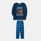 Navy & Sky Blue Plaid Christmas Pajamas Set With "Jesus is the Reason for the Season" Text Print
