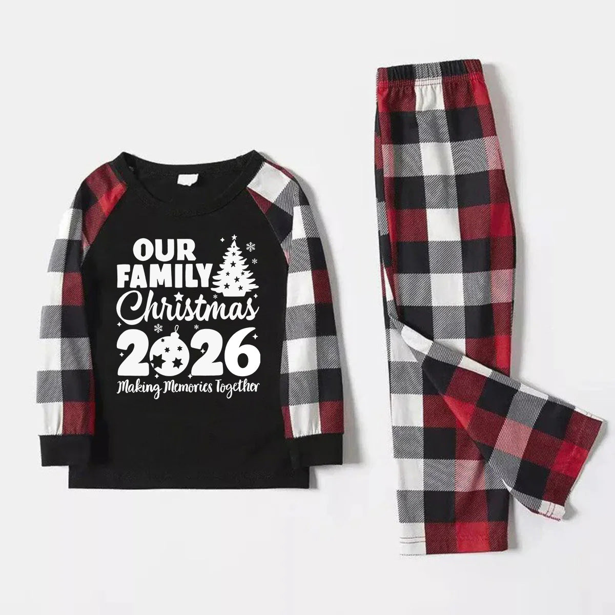 Christmas Tree & "2026 Making Memories Together" Patterned Plaid Sleeve Contrast Tops and Red & Black & White Plaid Pants Couple Matching Pajamas Set With Dog Bandana