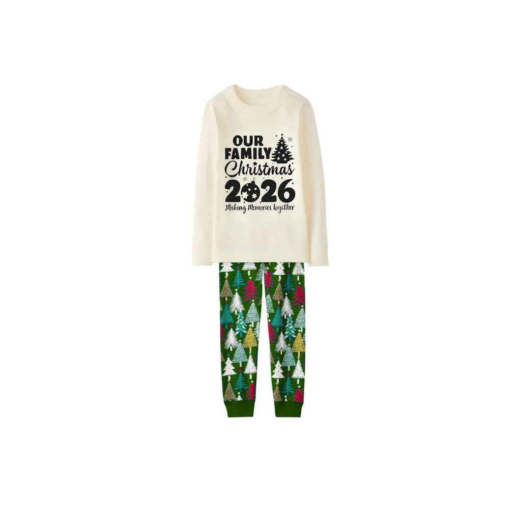 2026 Our Family Christmas Matching Pajamas -Cream Long Sleeve Tops & Green Christmas Tree Pants