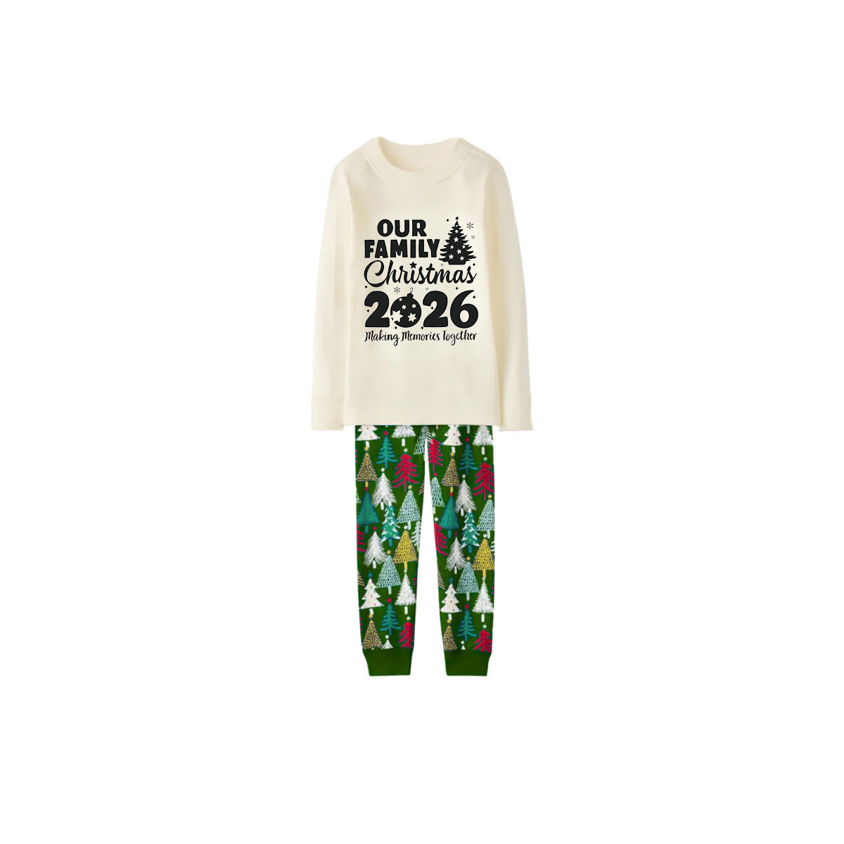 2026 Our Family Christmas Matching Pajamas -Cream Long Sleeve Tops & Green Christmas Tree Pants