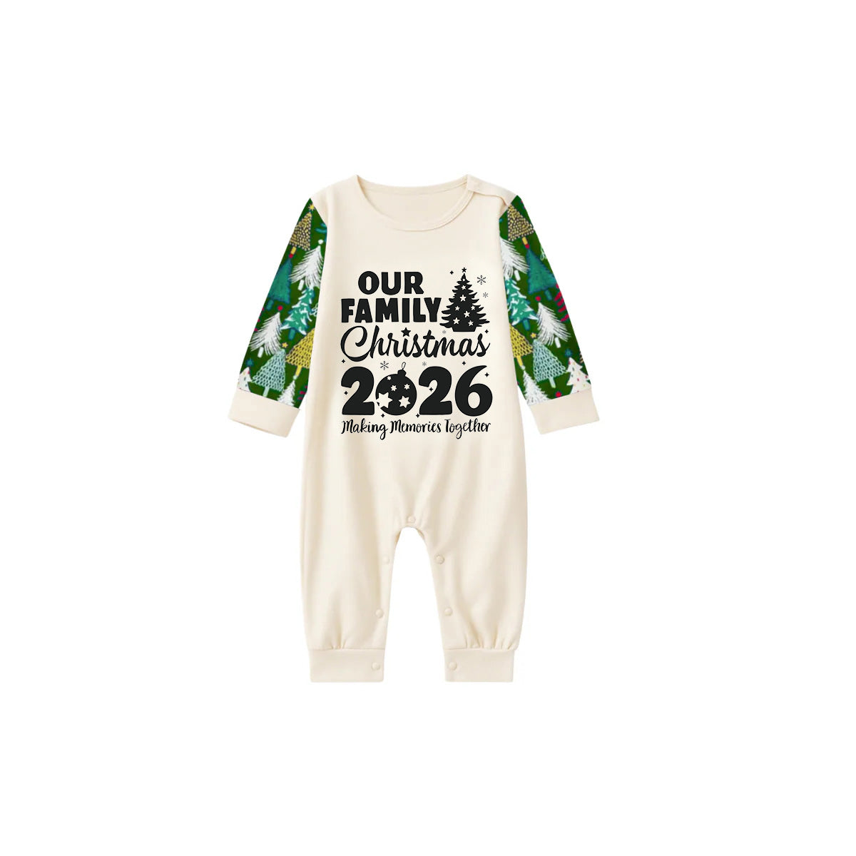 2026 Our Family Christmas Matching Pajamas -Cream Long Sleeve Tops & Green Christmas Tree Pants