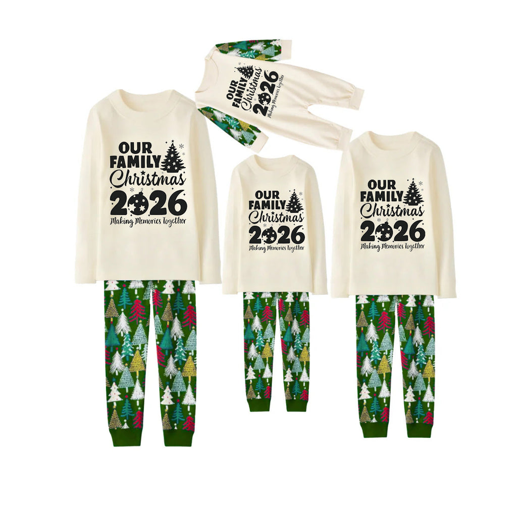 2026 Our Family Christmas Matching Pajamas -Cream Long Sleeve Tops & Green Christmas Tree Pants