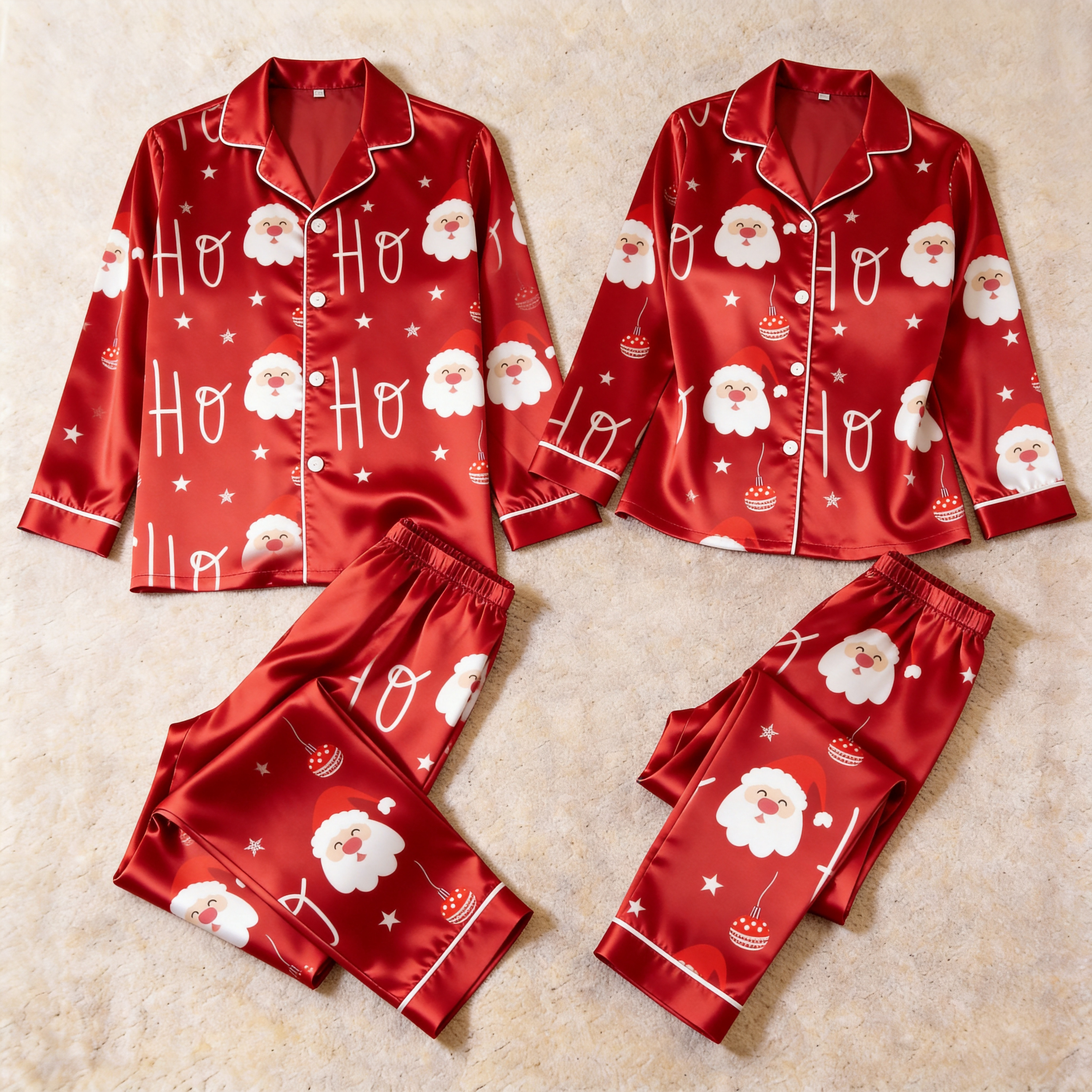 Santa Claus and "HO HO" Satin Matching Pajamas for Couples – Long Sleeve Button-Down Top & Pants Sleepwear Set
