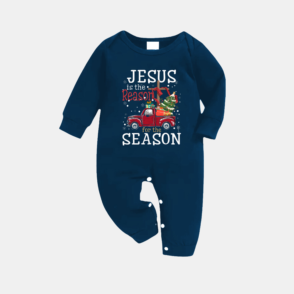 Navy & Sky Blue Plaid Christmas Pajamas Set With "Jesus is the Reason for the Season" Text Print