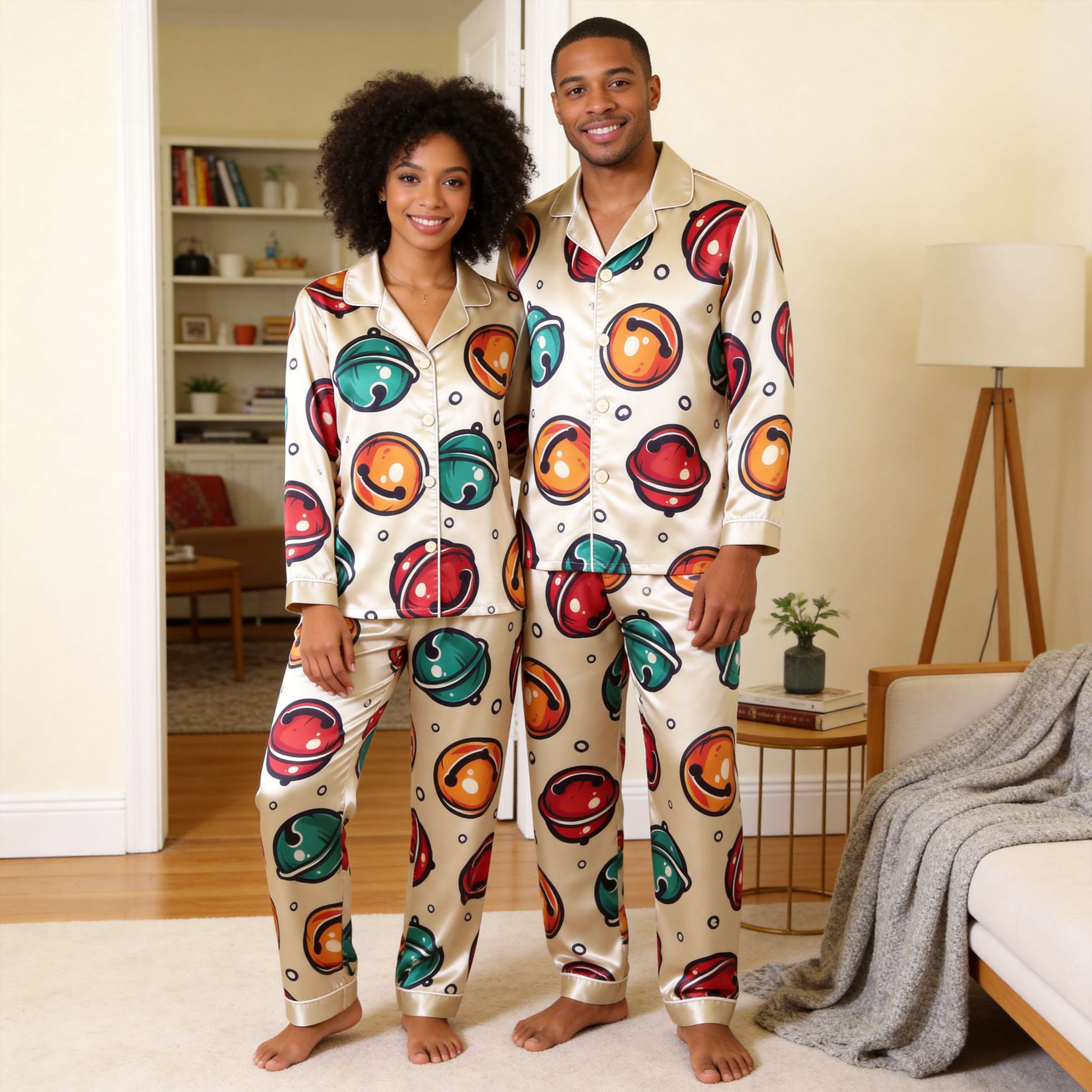 Bell Print Satin Matching Pajamas for Couples – Long Sleeve Button-Down Top & Pants Sleepwear Set
