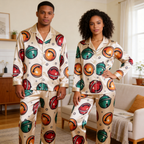 Bell Print Satin Matching Pajamas for Couples – Long Sleeve Button-Down Top & Pants Sleepwear Set
