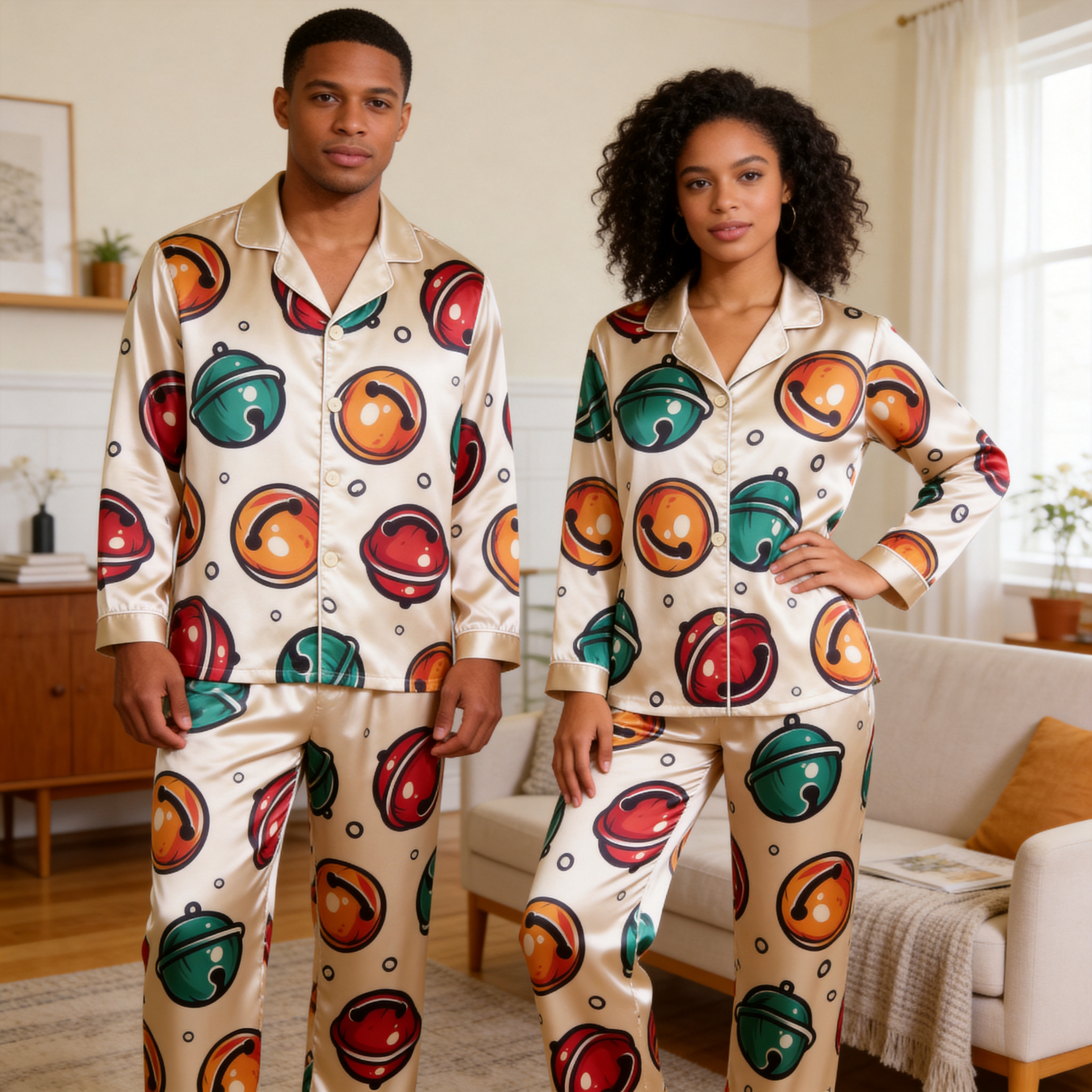 Bell Print Satin Matching Pajamas for Couples – Long Sleeve Button-Down Top & Pants Sleepwear Set