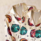 Bell Print Satin Matching Pajamas for Couples – Long Sleeve Button-Down Top & Pants Sleepwear Set