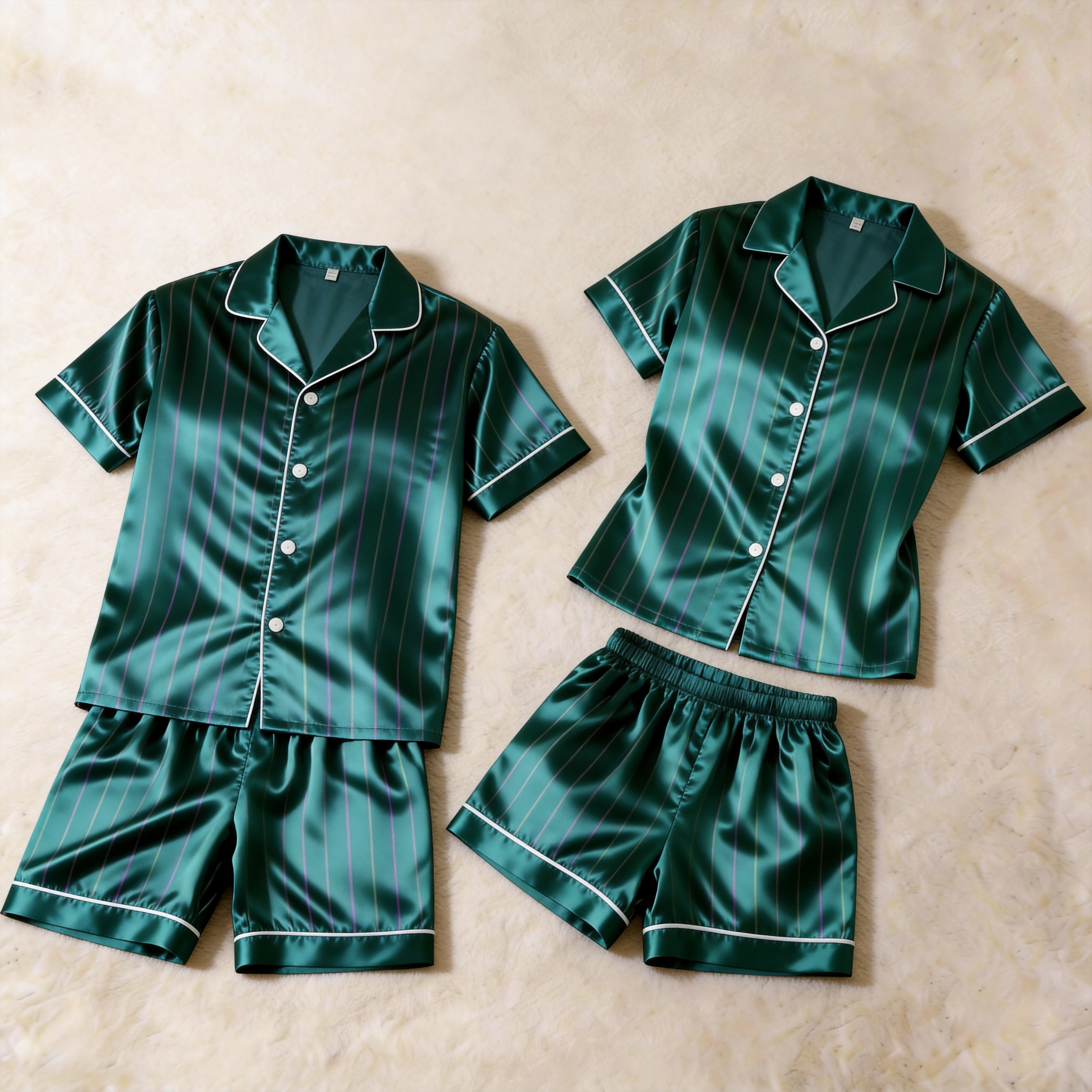 Classic Green Satin Striped Print Pajama Set ¨C Silky Couple Sleepwear