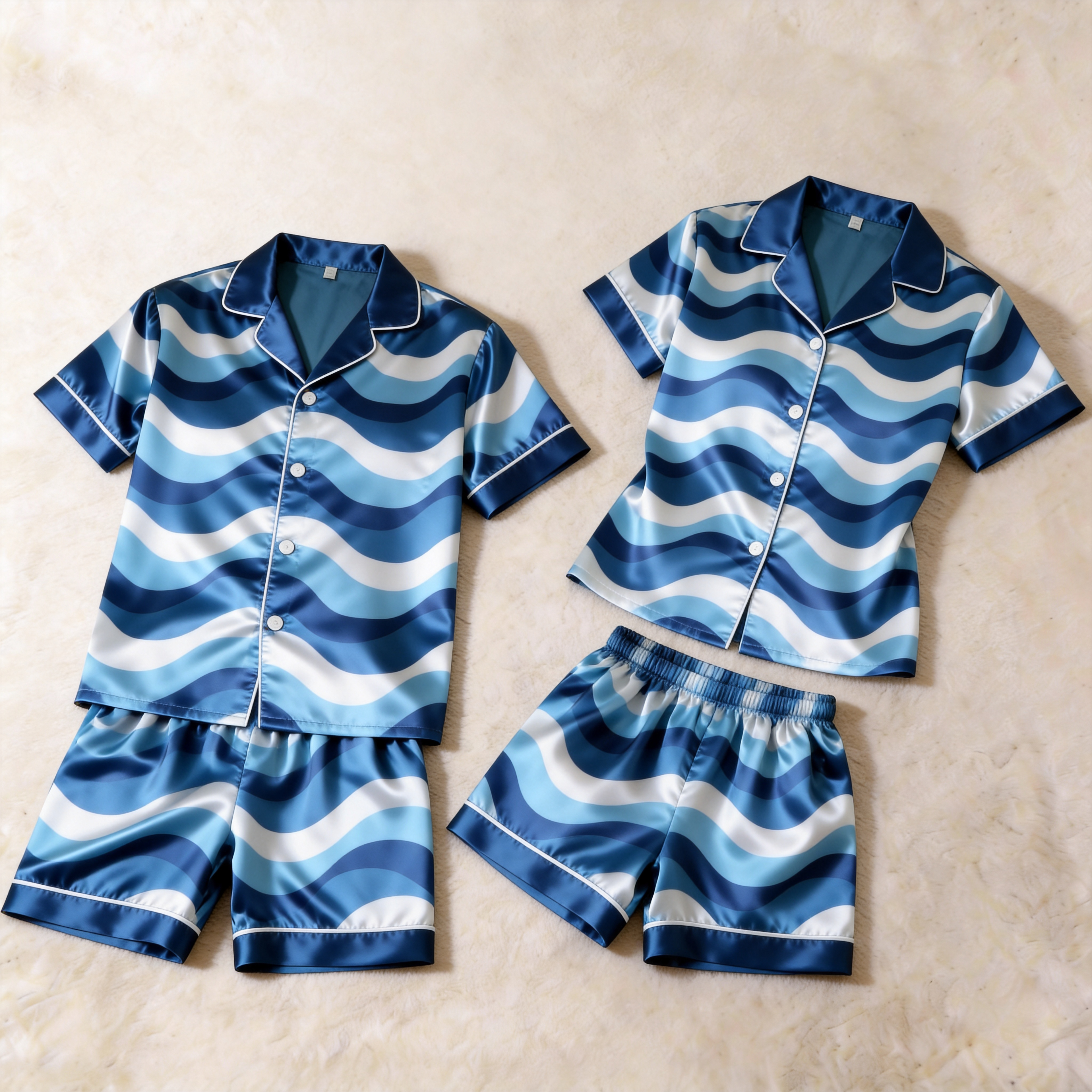 Classic Satin Wave Print Pajama Set ¨C Silky Couple Sleepwear