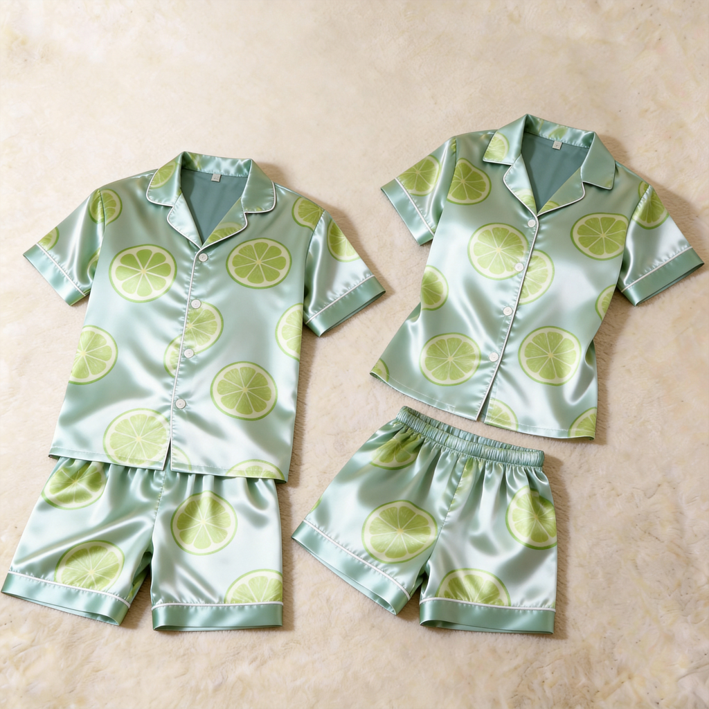 Silky Satin Green Tangerine Print Pajama Set ¨C Fresh Couple Sleepwear