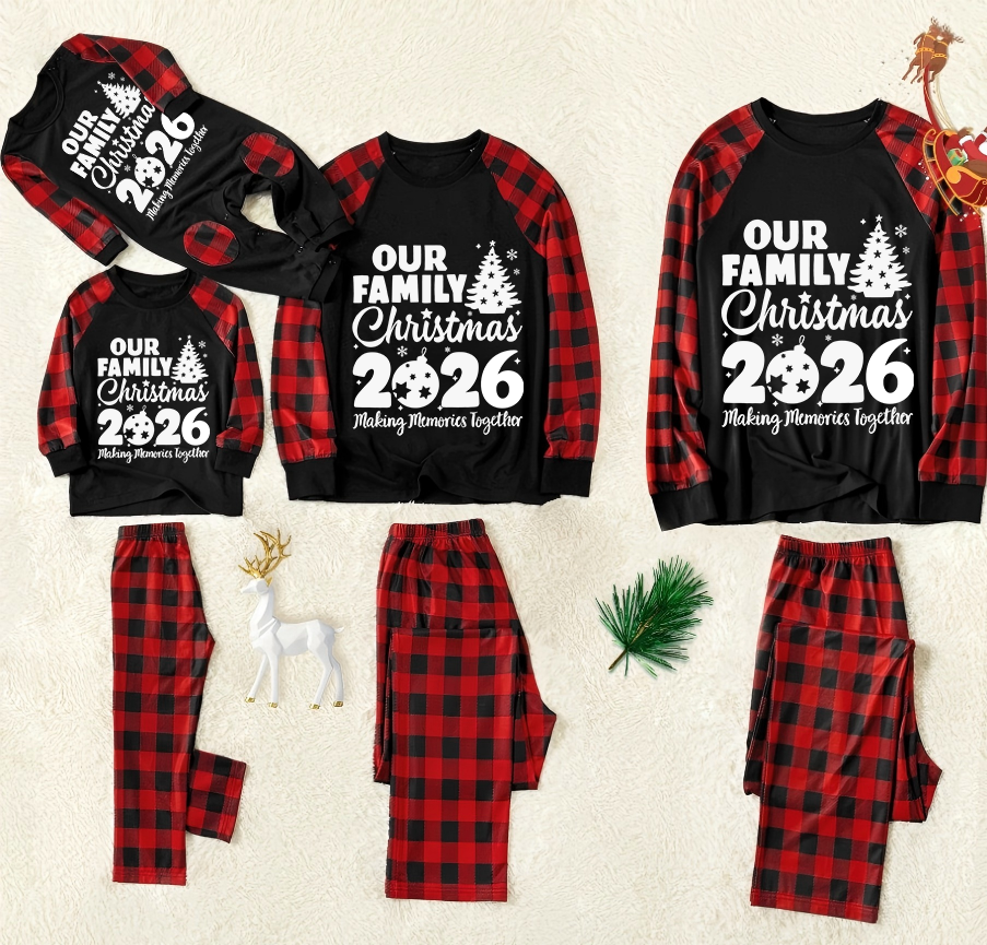 Christmas ”Ho Ho Ho“ Letter Print Santa Claus & Gingerbread & Elk Patterned Contrast Black top and Black & Red Plaid Pants Family Matching Pajamas Set With Dog Bandana