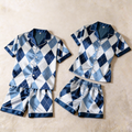 Silky Satin Blue Plaid Print Pajama Set ¨C Classic Couple Sleepwear