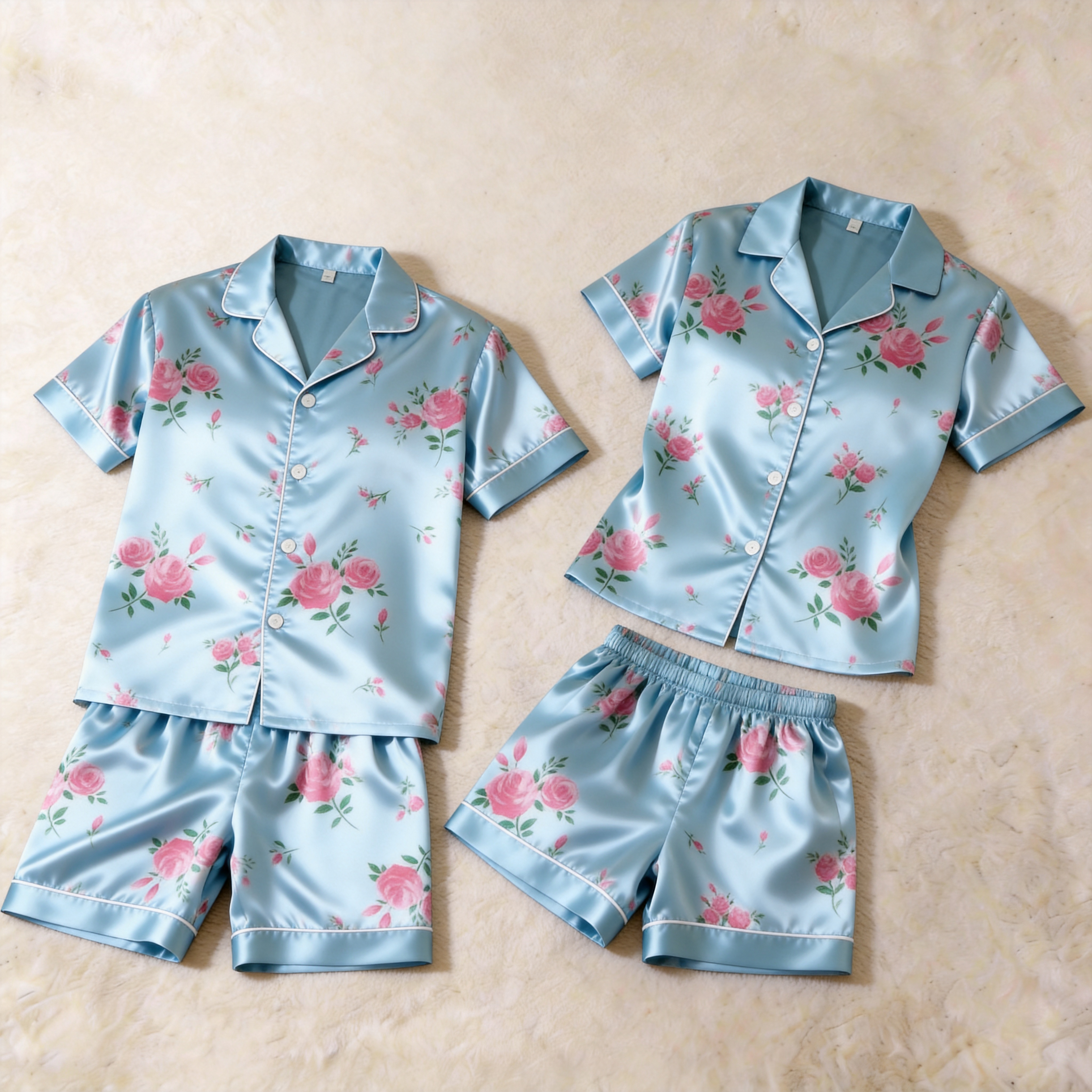 Silky Satin Bloom Print Pajama Set ¨C Classic Couple Sleepwear