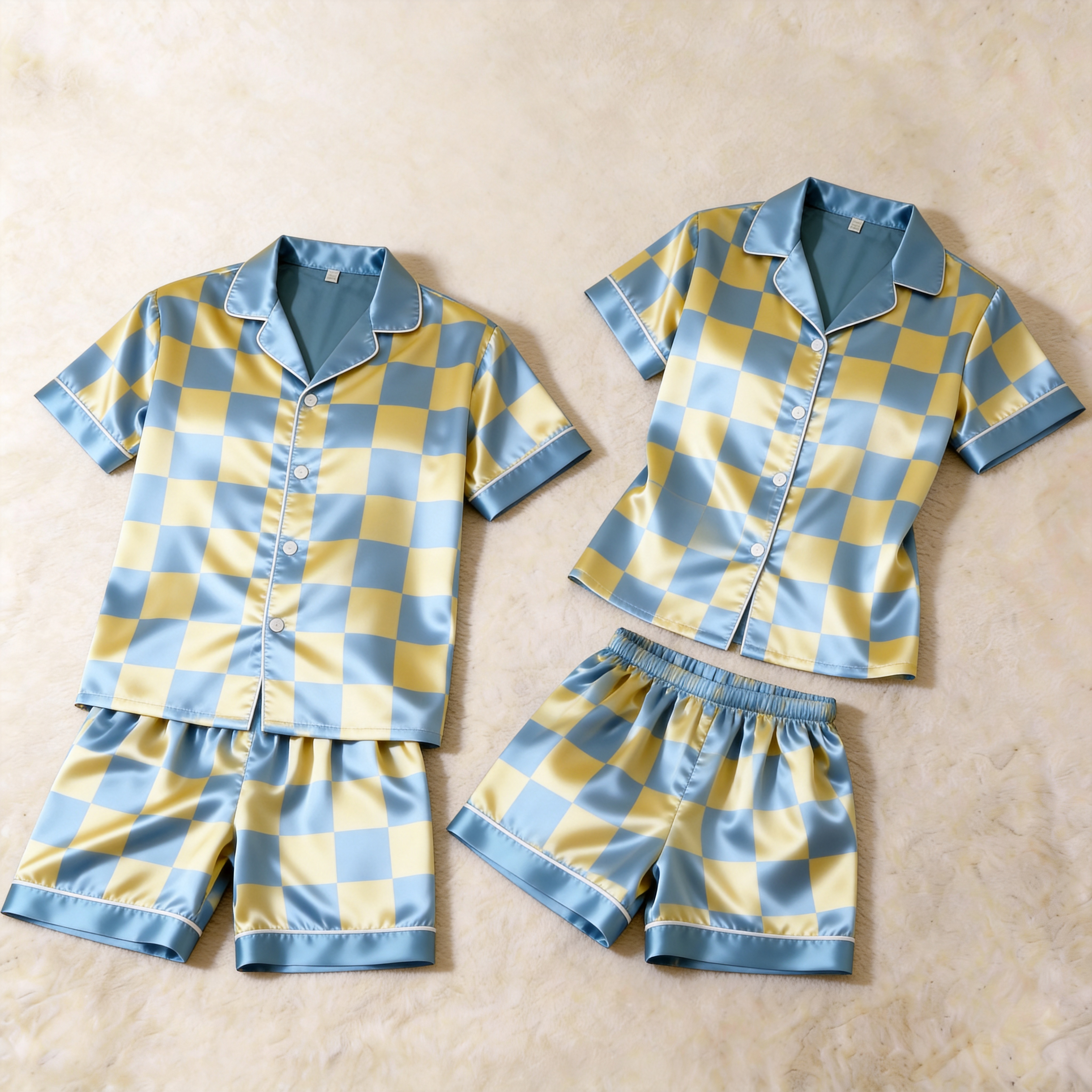 Classic Satin Plaid Pattern Short Sleeve Couple Pajamas for Summer