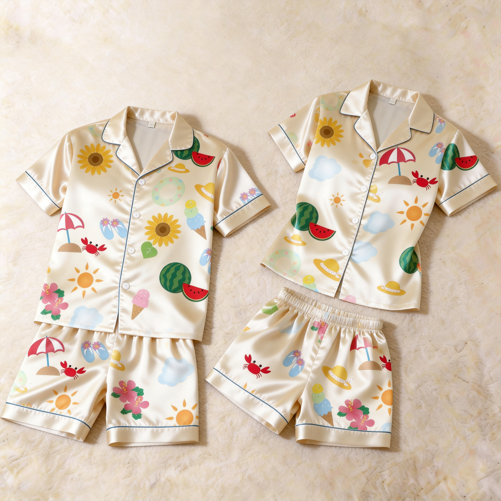 Classic Satin Playful Pattern Short Sleeve Couple Pajamas for Summer
